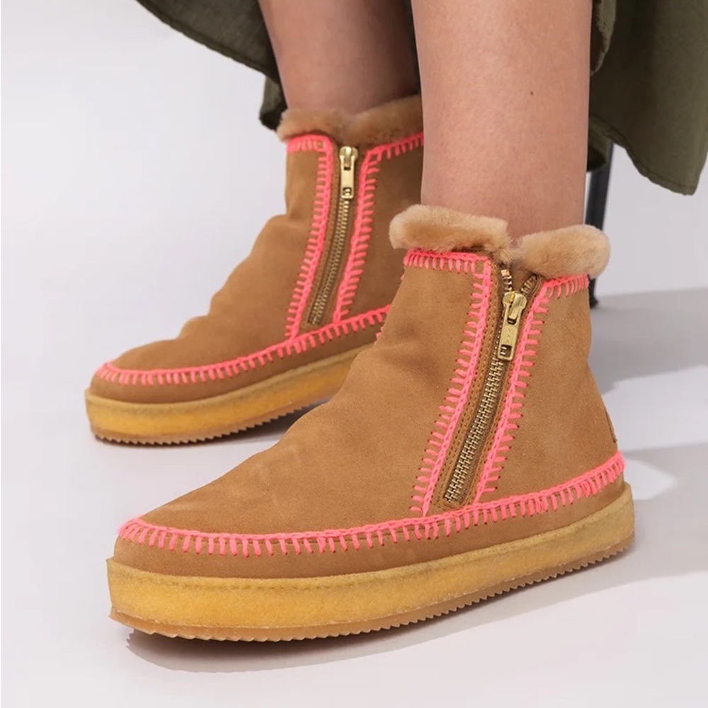 New Laidback London Setsu Crochet Ankle Boot Saffron Suede Neon Pink Sz 41 US 10